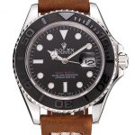 Rolex Yacht Master Black Dial Silver Case Brown Leather Bracelet 1453859