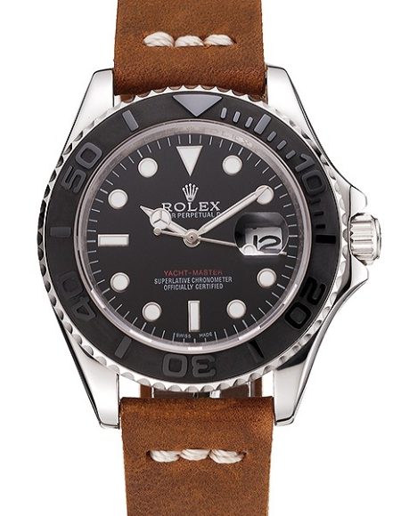 Rolex Yacht Master Black Dial Silver Case Brown Leather Bracelet 1453859