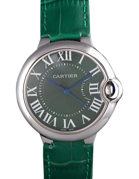 Cartier Ballon Bleu Silver Bezel with Green Dial and Green Leather Band   621553