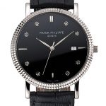 Patek Philippe Calatrava Black Dial Diamond Hour Marks Ribbed Bezel Stainless Steel Case Black Leather Strap