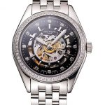 Swiss Patek Philippe Calatrava Black Openworked Dial Diamond Bezel Stainless Steel Case And Bracelet
