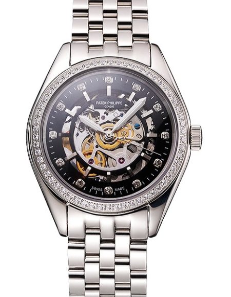 Swiss Patek Philippe Calatrava Black Openworked Dial Diamond Bezel Stainless Steel Case And Bracelet