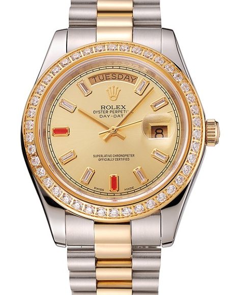 Swiss Rolex Day-Date Diamonds And Rubies Champagne Dial Two Tone Bracelet 1454104