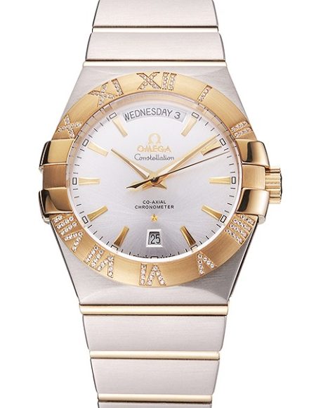 Swiss Omega Constellation White Dial Stainless Steel Case Gold Bezel Two Tone Bracelet