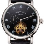 Patek Philippe Complications Moonphase Tourbillon Black Dial Stainless Steel Case Black Leather Strap