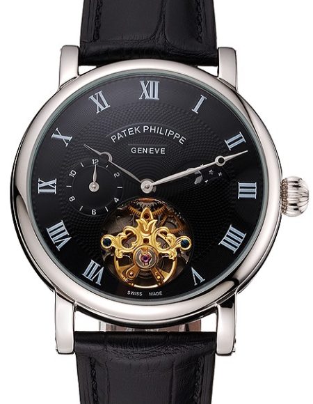 Patek Philippe Complications Moonphase Tourbillon Black Dial Stainless Steel Case Black Leather Strap