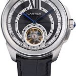 Cartier Calibre Flying Tourbillon Black Dial Stainless Steel Case Black Leather Bracelet