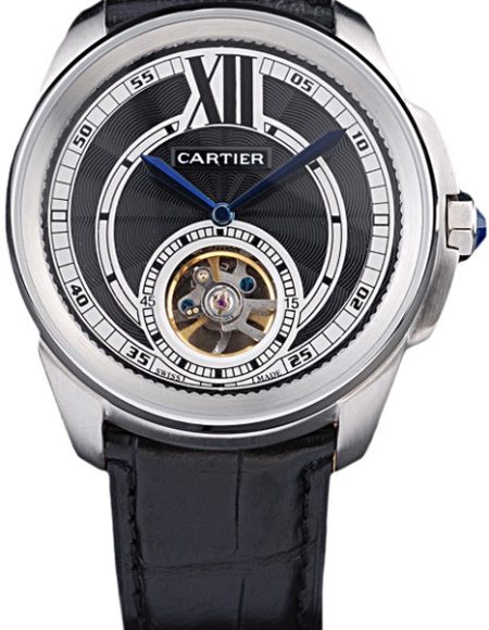 Cartier Calibre Flying Tourbillon Black Dial Stainless Steel Case Black Leather Bracelet