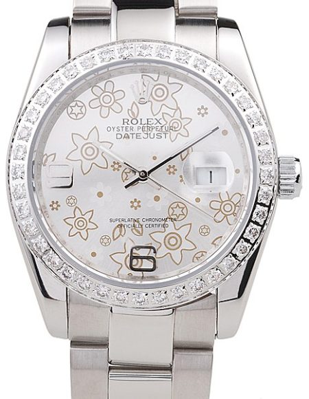 Rolex Datejust Polished Stainless Steel Silver Flowers Dial Diamond Plated 98081