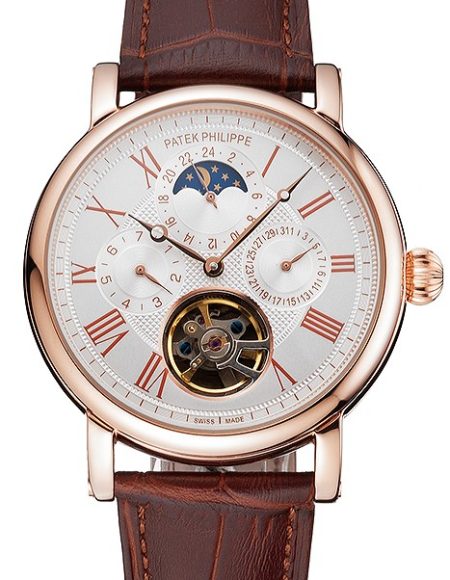 Patek Philippe Grand Complications Moonphase Perpetual Calendar Tourbillon White Dial Rose Gold Case Brown Leather Strap