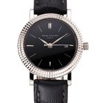 Patek Philippe Calatrava Black Dial Double Ribbed Bezel Stainless Steel Case Black Leather Strap