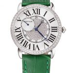 Cartier Ronde Louis Silver Diamond Case White Dial Green Leather Bracelet 1454012