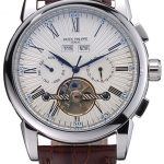 Patek Philippe Grand Complications Stainless Steel Case White Dial Roman Numerals Brown Leather Strap 622254