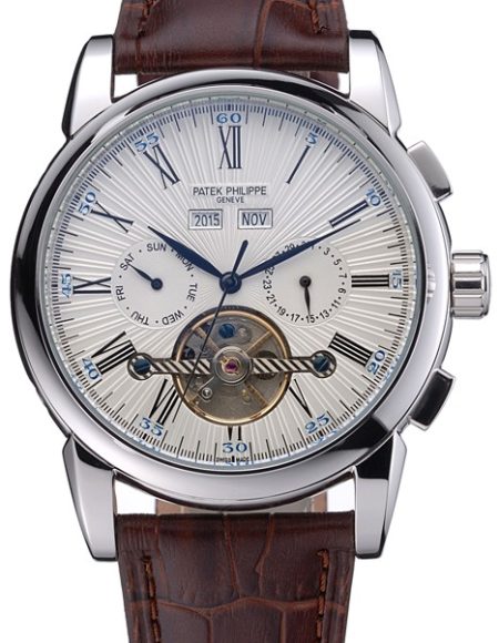 Patek Philippe Grand Complications Stainless Steel Case White Dial Roman Numerals Brown Leather Strap 622254