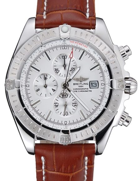 Breitling Chronomat 13 Stainless Steel Case White Dial Brown Leather Bracelet 622239