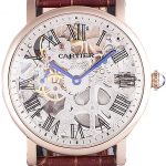 Cartier Luxury Skeleton Watch with Rose Gold Bezel and Brown Leather Band  621557