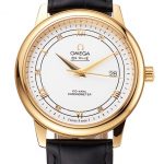 Omega De Ville Prestige White Dial Gold Case Black Leather Strap