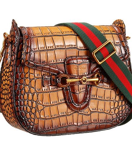 Gucci Lady Web Medium Shoulder Bag Crocodile Leather Brown