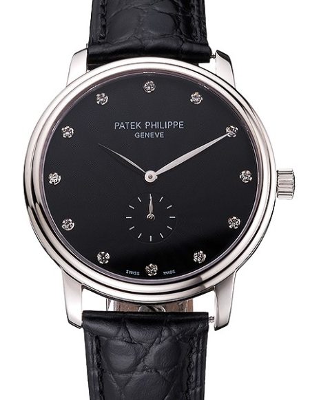 Patek Philippe Calatrava Black Dial Stainless Steel Case Black Leather Strap