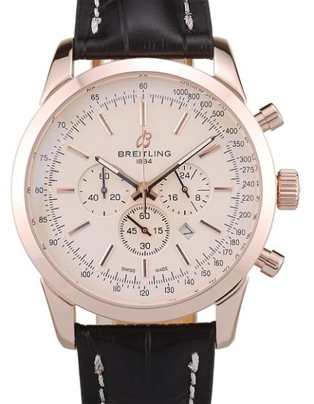Breitling Transocean White Dial Black Leather Strap Rose Gold Bezel 98206