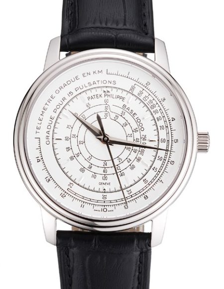 Swiss Patek Philippe Multi-Scale Chronograph White Dial Stainless Steel Case Black Leather Strap