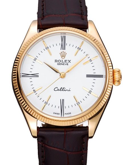 Rolex Cellini White Dial Gold Case Brown Leather Strap  622833