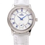 Omega De Ville Prestige Small Seconds White Dial Diamond Bezel Stainless Steel Case White Leather Strap