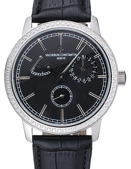 Vacheron Constantin Patrimony Power Reserve Black Dial Silver Diamond Case Black Leather Bracelet  1454267