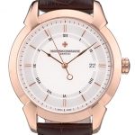 Swiss Vacheron Constantin Traditionnelle White Dial Rose Gold Case Brown Leather Bracelet