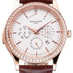 Swiss Patek Philippe Grand Complications Perpetual Calendar White Dial Rose Gold Case Diamond Bezel Brown Leather Strap