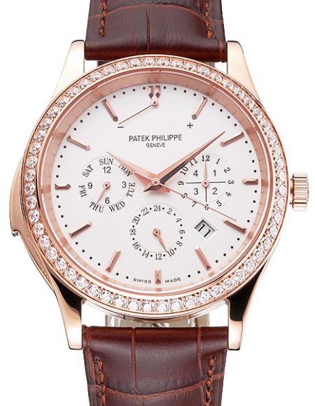 Swiss Patek Philippe Grand Complications Perpetual Calendar White Dial Rose Gold Case Diamond Bezel Brown Leather Strap