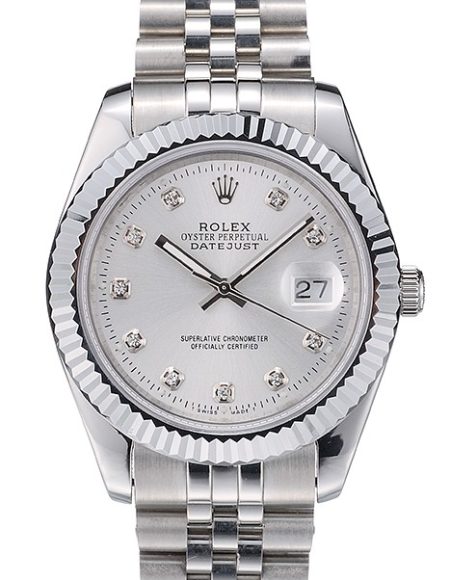 Rolex Swiss DateJust Stainless Steel Ribbed Bezel Silver Dial 41996