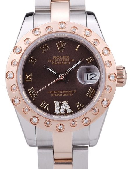 Rolex Datejust Diamonds Rose Gold Polished Bezel Brown Dial 7475