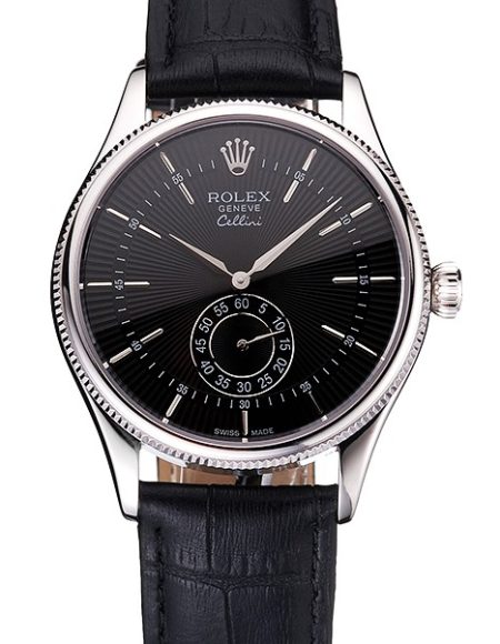 Swiss Rolex Cellini Black Dial Stainless Steel Case Black Leather Strap