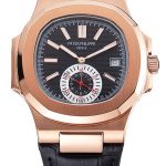 Patek Philippe Nautilus Black Dial Rose Gold Case Black Leather Strap