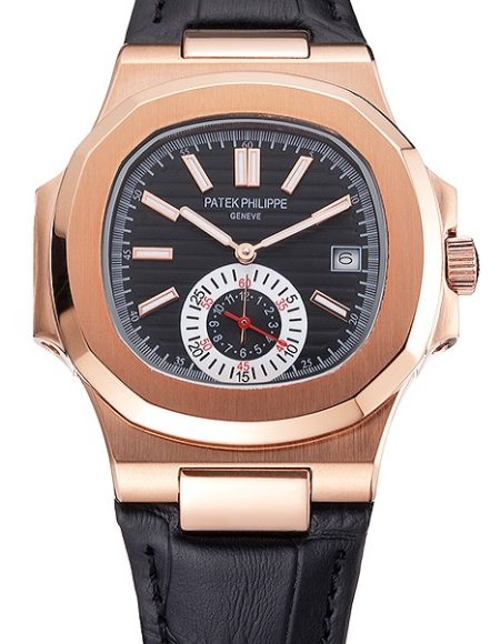 Patek Philippe Nautilus Black Dial Rose Gold Case Black Leather Strap