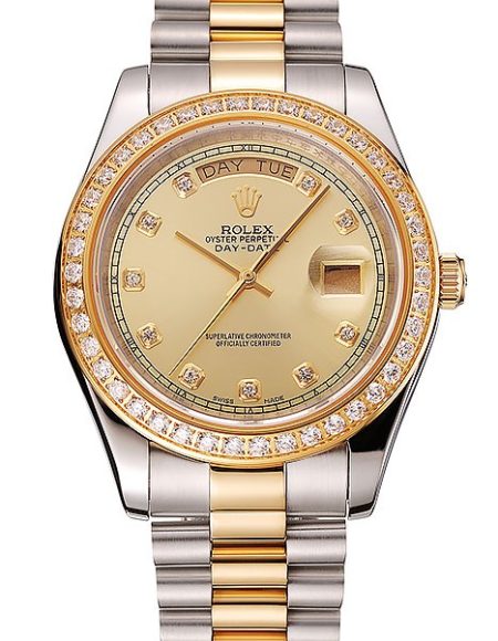 Swiss Rolex Day-Date Champagne Dial Gold Diamond Case Two Tone Stainless Steel Bracelet 1453974
