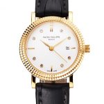 Patek Philippe Calatrava White Dial Diamond Hour Marks Double Ribbed Bezel Gold Case Black Leather Strap