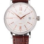 IWC Portofino Silver Dial Stainless Steel Case Diamonds Bezel Brown Leather Strap