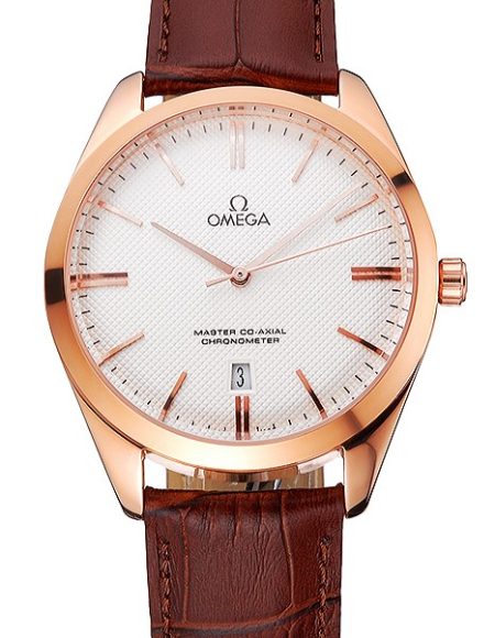 Omega Tresor Master Co-Axial White Dial Rose Gold Case Brown Leather Strap