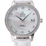 Omega DeVille Prestige Co-Axial Diamond Silver Case Mother-Of-Pearl Dial White Leather Strap