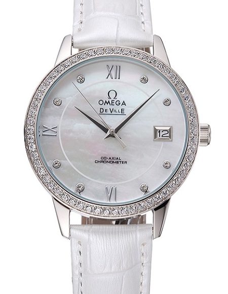 Omega DeVille Prestige Co-Axial Diamond Silver Case Mother-Of-Pearl Dial White Leather Strap
