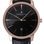 Swiss Vacheron Constantin Patrimony Black Dial Rose Gold Diamonds Case Black Leather Bracelet   1454175