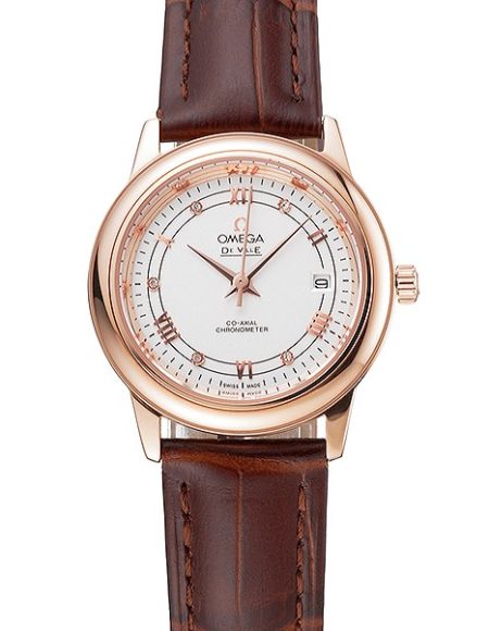 Omega De Ville Prestige Ladies White Dial Rose Gold Case Brown Leather Strap