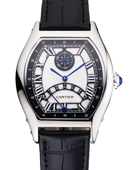 Cartier Tortue Perpetual Calendar White Dial Stainless Steel Case Black Leather Strap