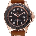 Rolex Yacht Master Black Dial Rose Gold Case Brown Leather Bracelet 1453861