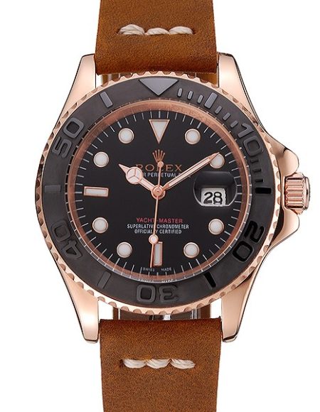 Rolex Yacht Master Black Dial Rose Gold Case Brown Leather Bracelet 1453861