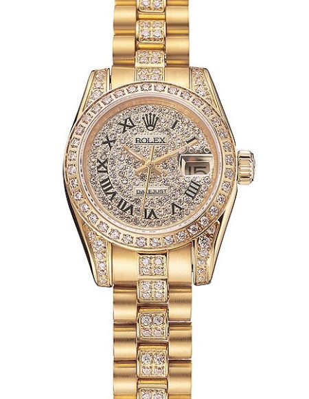 Swiss Rolex DayJust Diamond Pave Dial Gold Diamond Bracelet 1453955