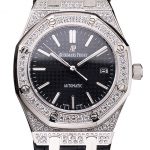 Swiss Audemars Piguet Royal Oak Black Dial Steel Case With Diamonds Black Leather Strap