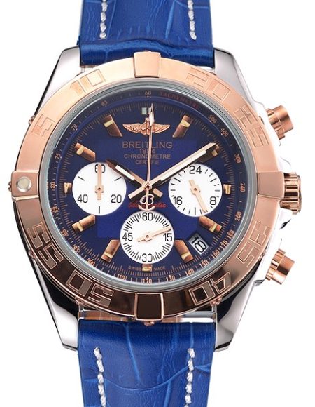 Breitling Chronomat Blue Dial Stainless Steel Case Gold Bezel Blue Leather Strap